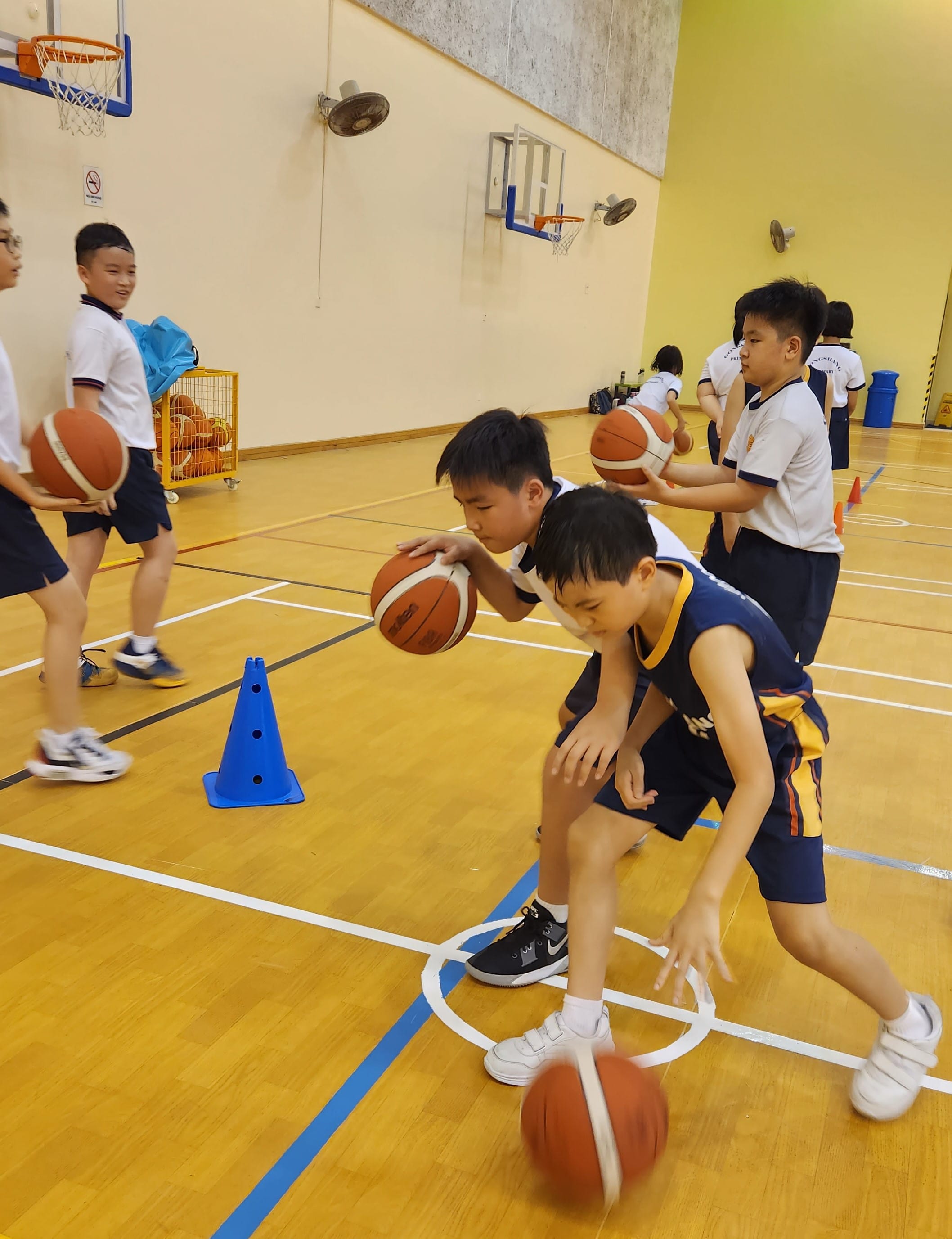 Young students practice basketball dribbling drills on an indoor court with cones and hoops visible.